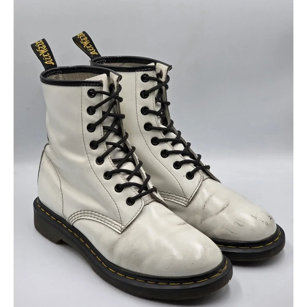Dr Dr. Martens 1460 Black White Leather Boots UK 7 US Men 8 EU 41 Lace Up